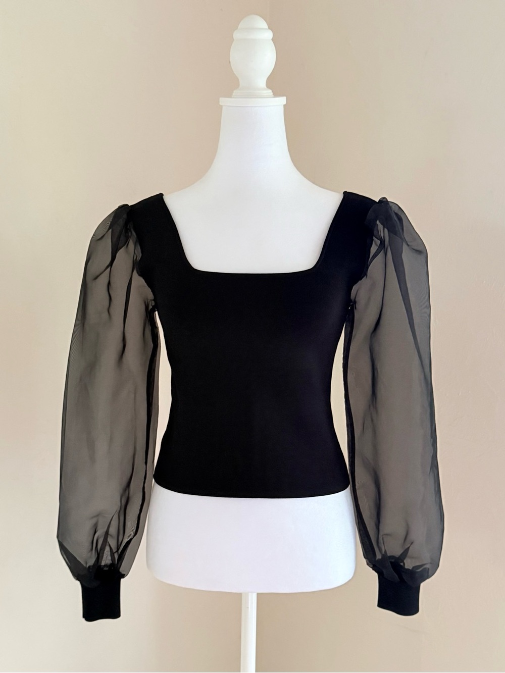 NWT House of Harlow 1960 Black Knit Stretch Sheer Puff Sleeve Top XS